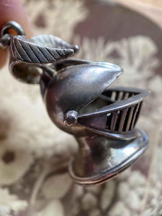 Antique Victorian Articulated Knight's Helmet Fob Pendant in Silver c. 1880, Charm, Necklace, Novelty, 1800's, Armor, Weapon, Medieval