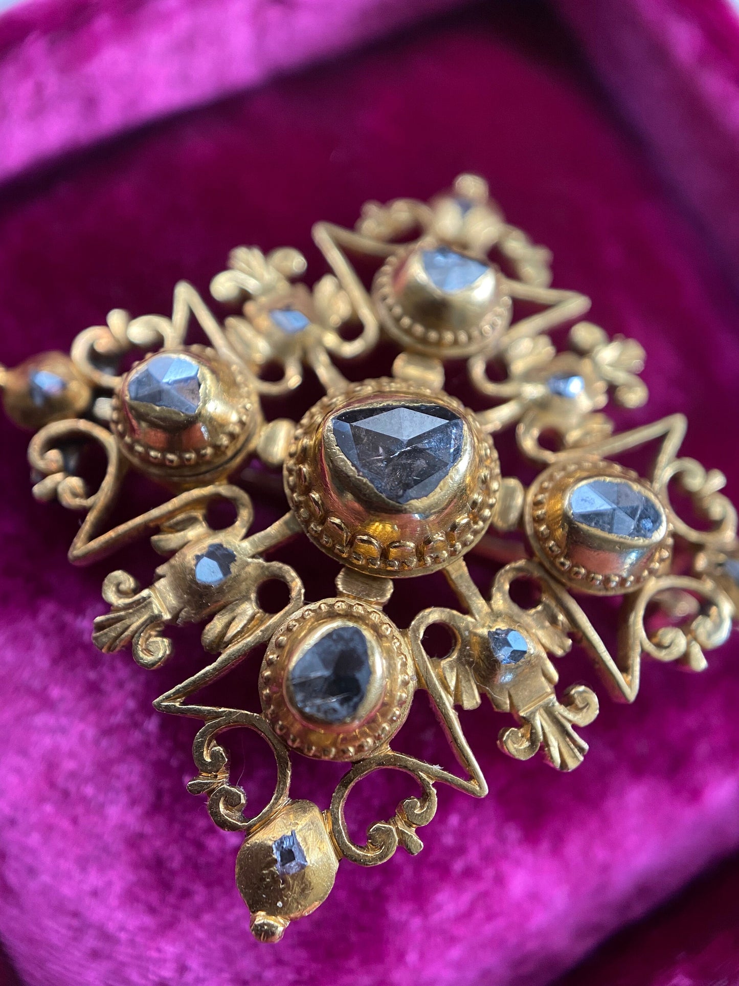 Antique Spanish High Karat Rose Cut Diamond Cross Brooch Conversion in 22k Gold c. 1750, Colonial, 1700's, Iberian, Pendant