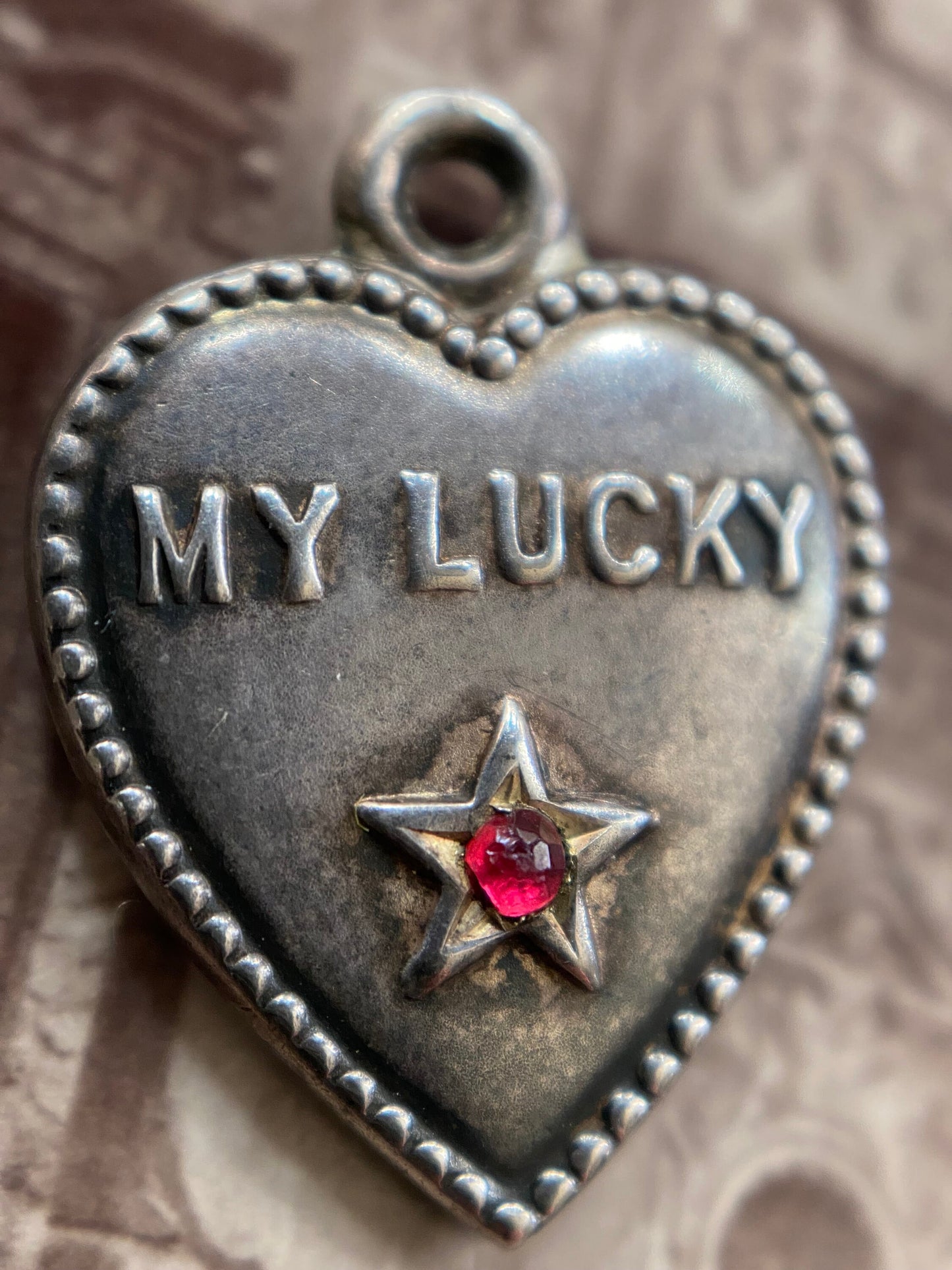 Antique Edwardian "My Lucky Star" Charm in Silver and Garnet Paste with Engraving c. 1900, Pendant, 1900's, Love Token, Sentimental
