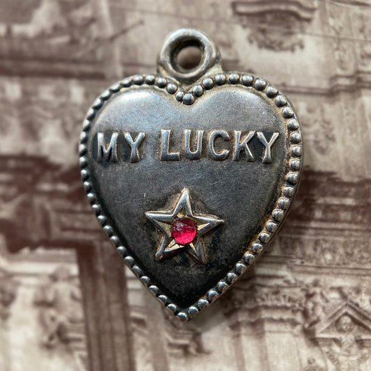Antique Edwardian "My Lucky Star" Charm in Silver and Garnet Paste with Engraving c. 1900, Pendant, 1900's, Love Token, Sentimental