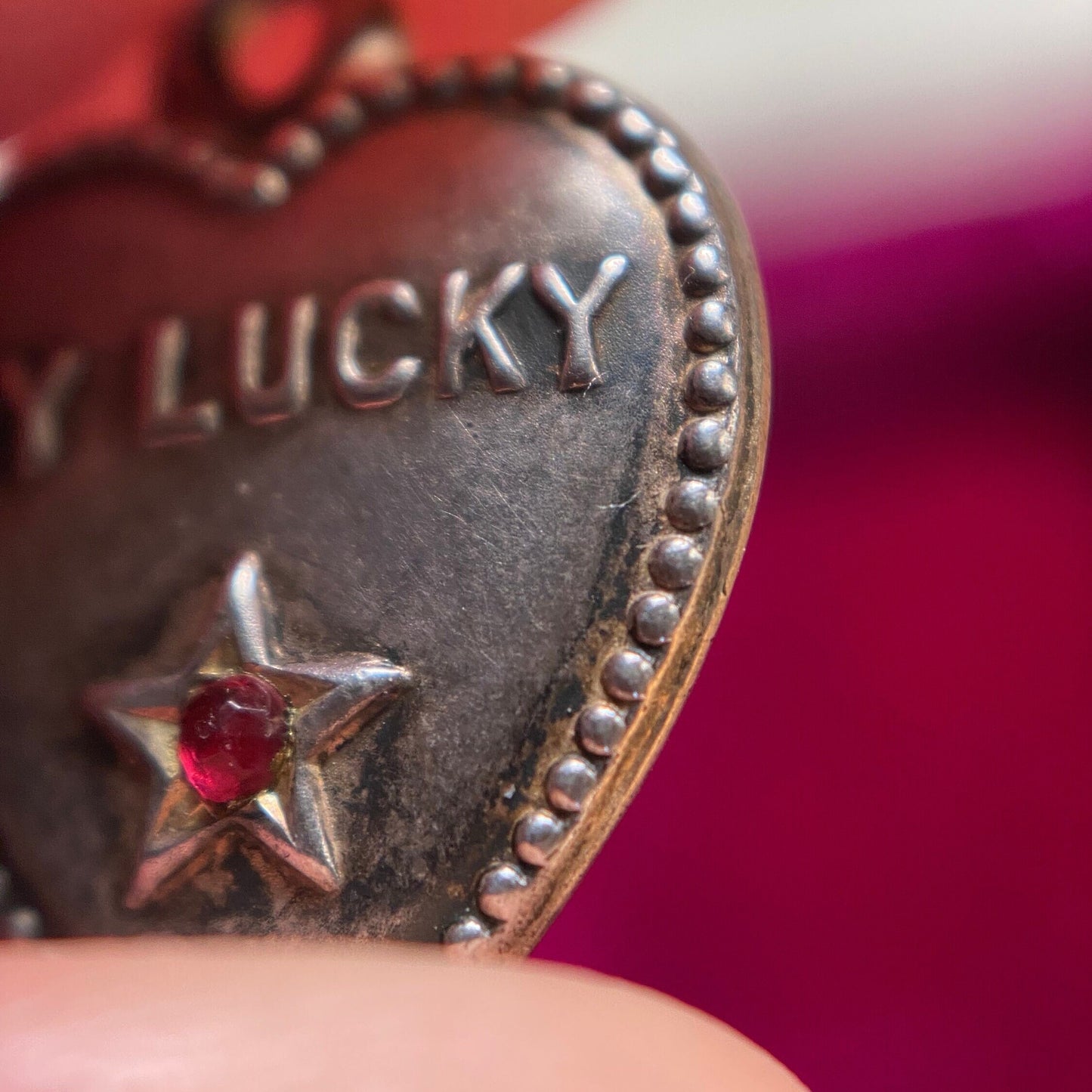 Antique Edwardian "My Lucky Star" Charm in Silver and Garnet Paste with Engraving c. 1900, Pendant, 1900's, Love Token, Sentimental