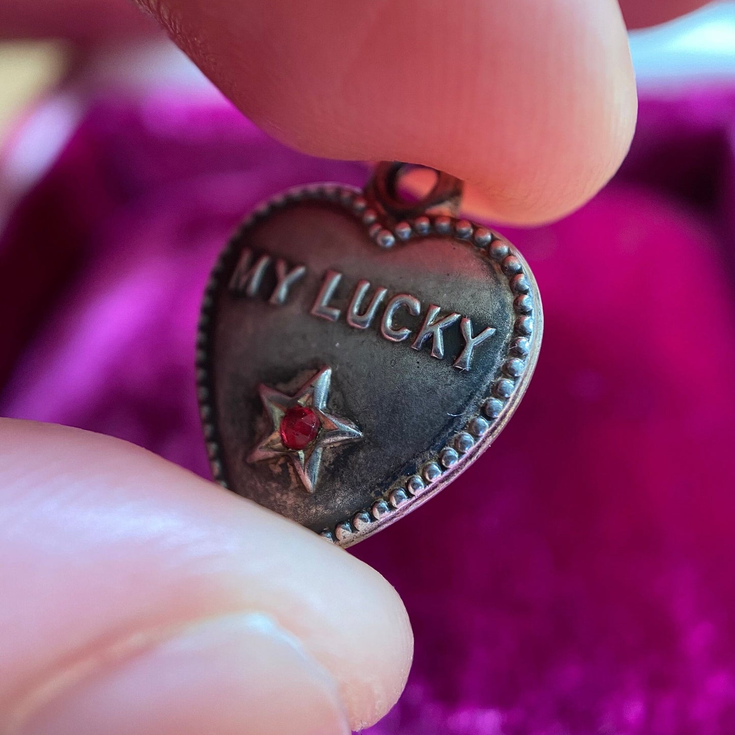Antique Edwardian "My Lucky Star" Charm in Silver and Garnet Paste with Engraving c. 1900, Pendant, 1900's, Love Token, Sentimental