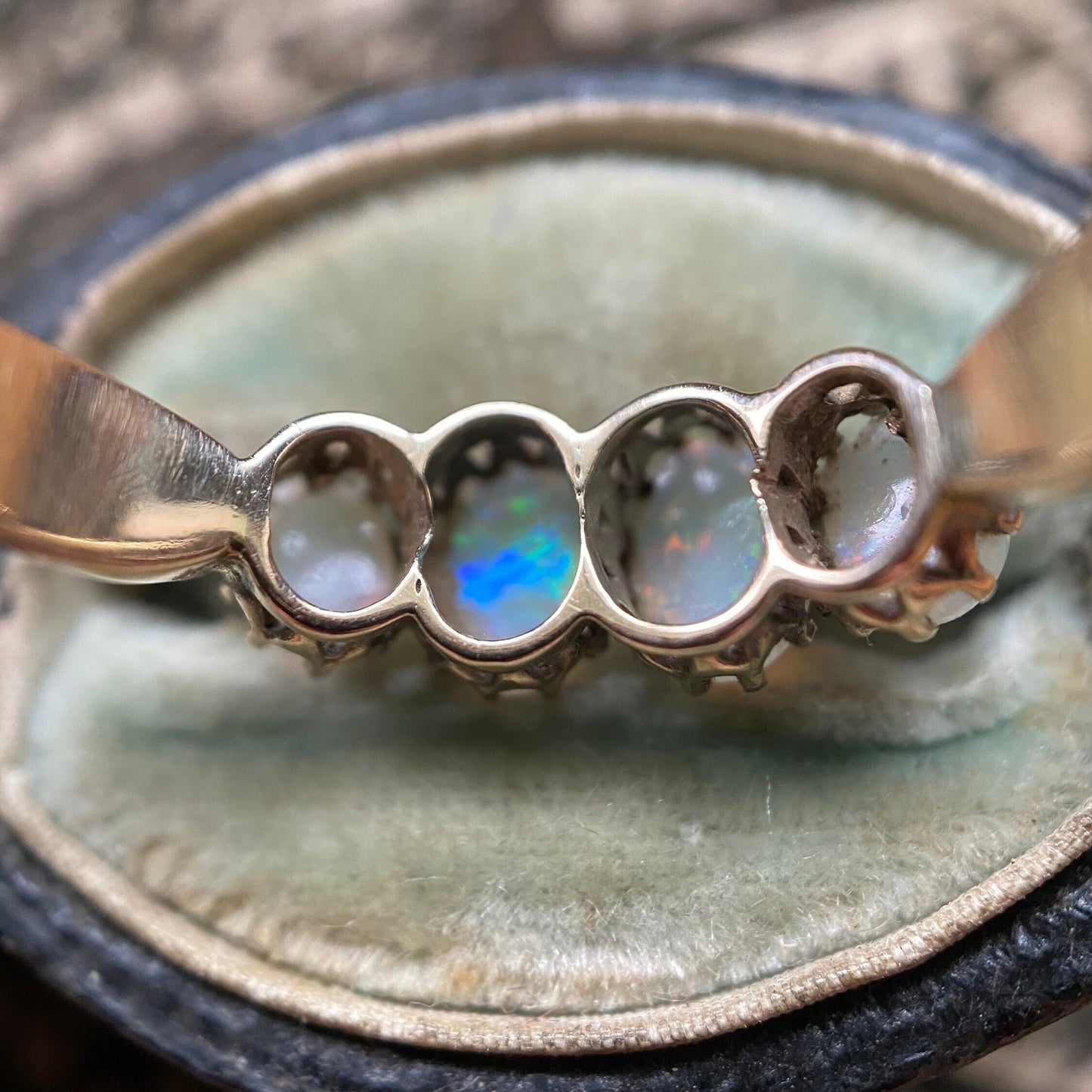 Antique Edwardian Opal Four Stone Half Hoop Ring with Chester Hallmarks in 9k Gold c. 1902, 1900's, Victorian, Stacking, Stackable