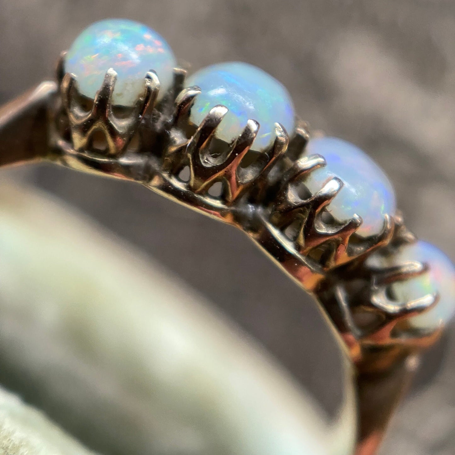 Antique Edwardian Opal Four Stone Half Hoop Ring with Chester Hallmarks in 9k Gold c. 1902, 1900's, Victorian, Stacking, Stackable