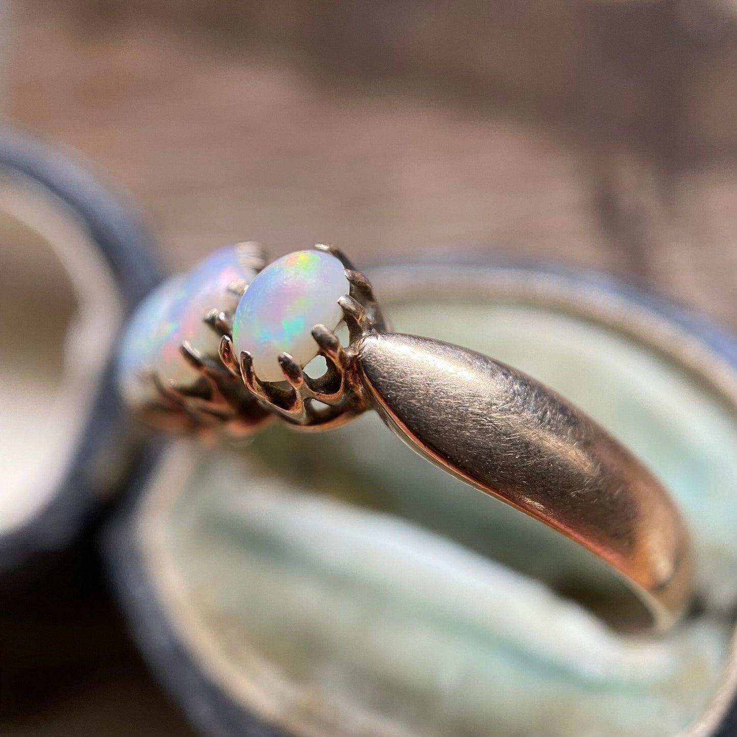 Antique Edwardian Opal Four Stone Half Hoop Ring with Chester Hallmarks in 9k Gold c. 1902, 1900's, Victorian, Stacking, Stackable
