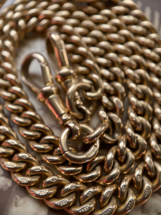 Antique Edwardian Heavy Double Albert Chain with Two Dog Clips and Birmingham Hallmarks in 15k Yellow Gold, Watch Chain, 1900's, Victorian
